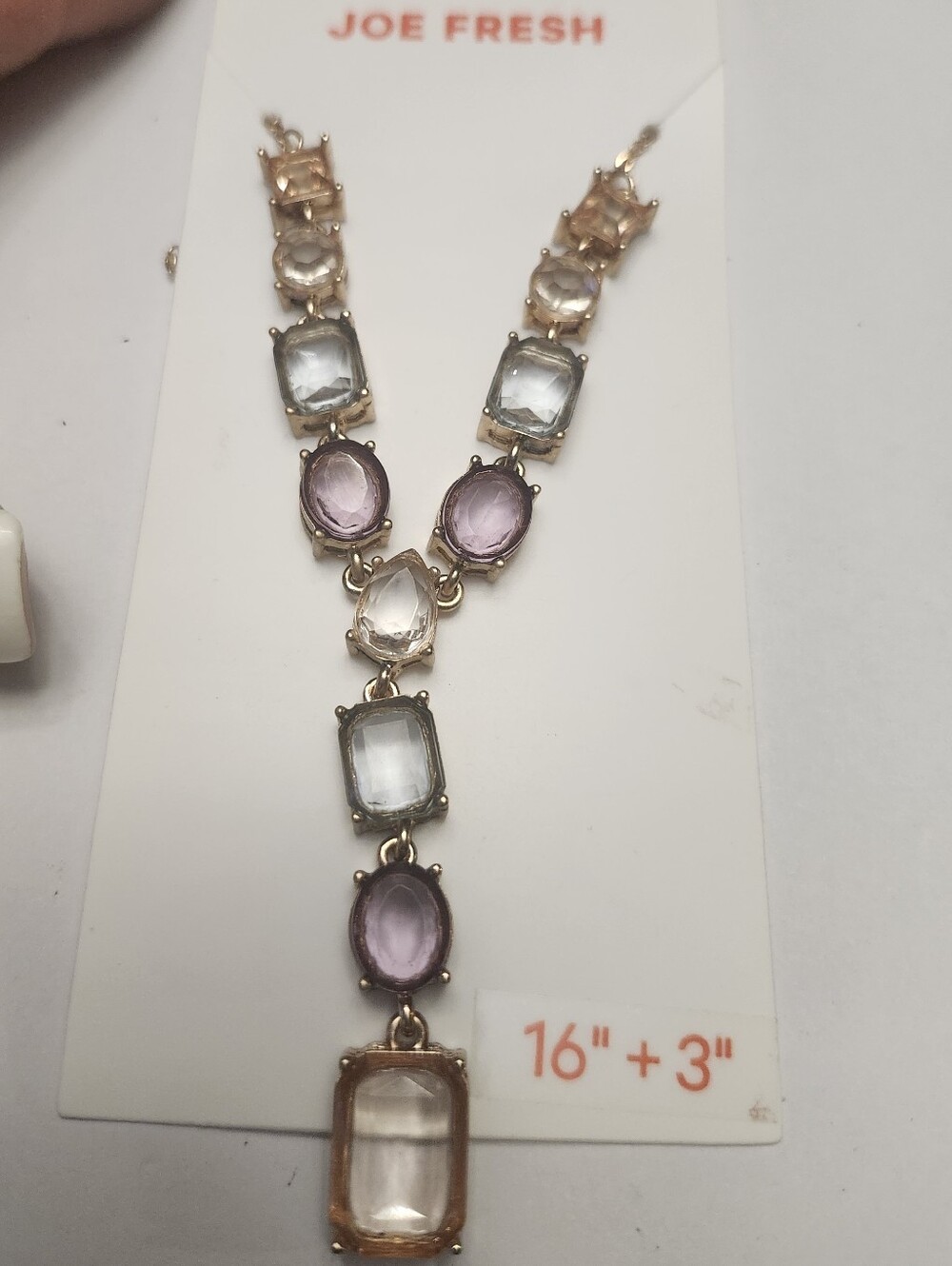 Joe Fresh Rose Pink Blue and Clear Gem Y-Necklace